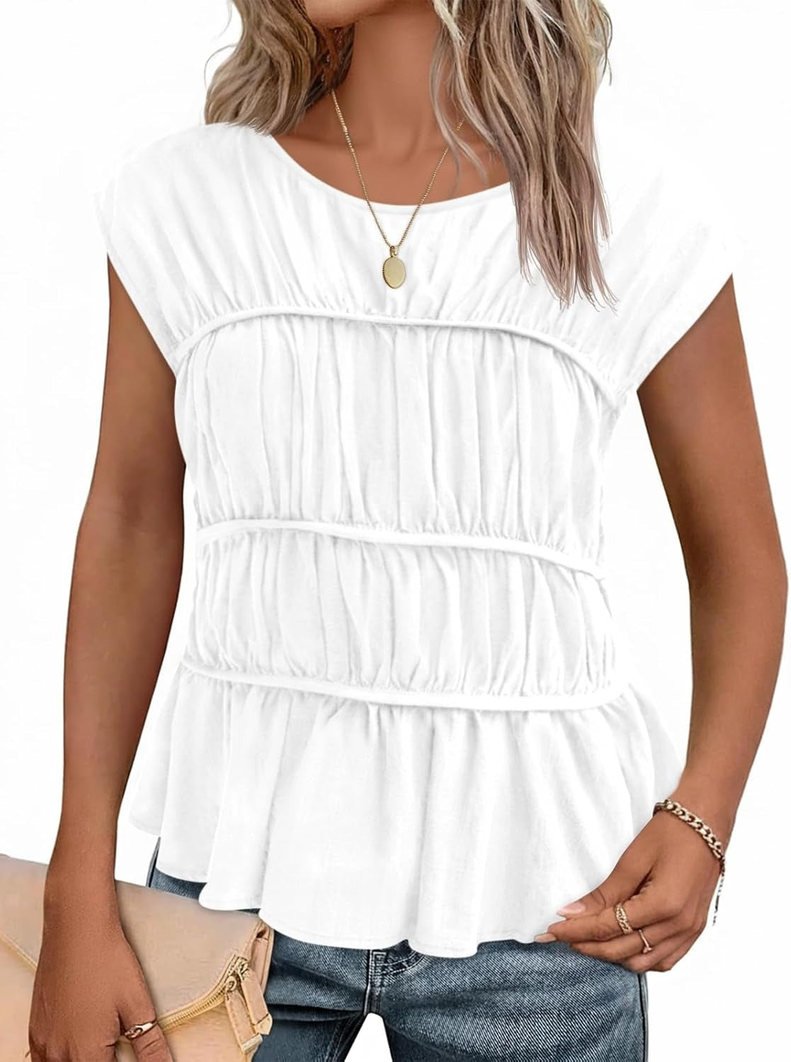 Womens Cap Sleeve Peplum Tank Tops Smocked Casual  Pleated Blouse