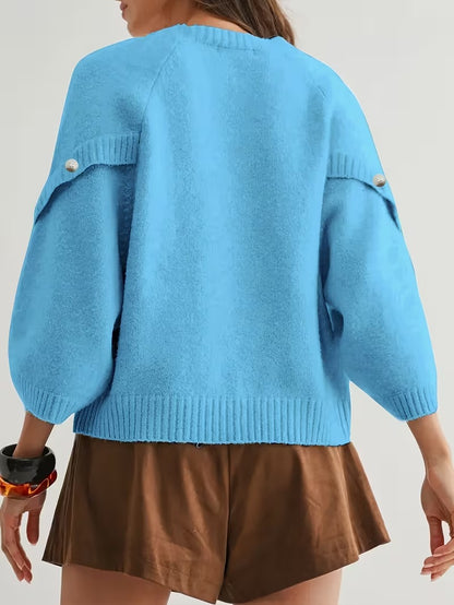 Women's Button Decor Batwing Sleeve Knit Sweater Crew Neck Loose Pullover Top