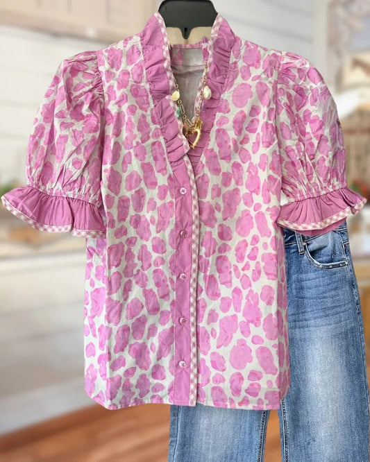Leopard Print Elegant Button Up Ruffles Decor Blouse