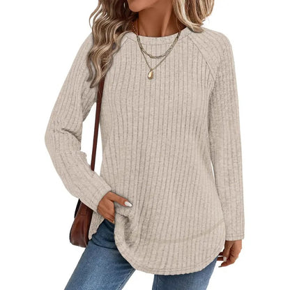 Women Color Block Ribbed Knit Raglan Long Sleeve Top Curved Hem Loose Blouse