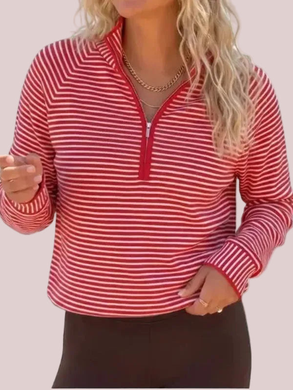 Women's Striped Half Zip Stand Collar Cropped Pullover
