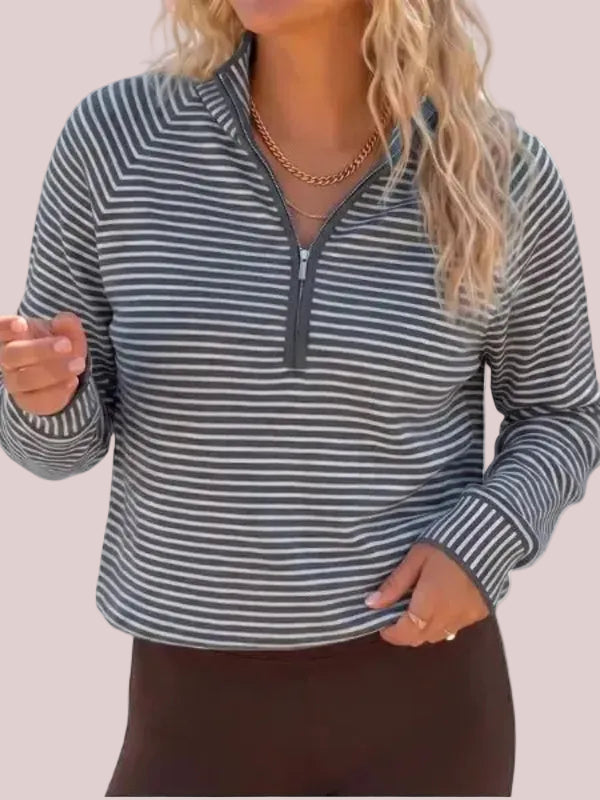 Women's Striped Half Zip Stand Collar Cropped Pullover