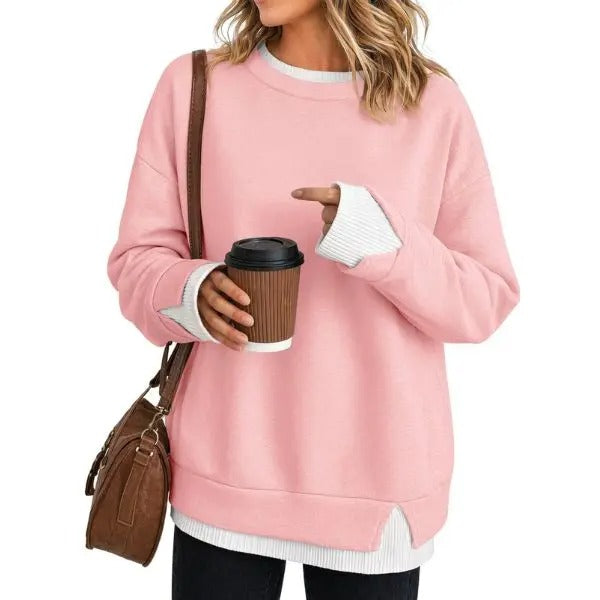Women's Fake Two Piece Layered Sweatshirt Patchwork Oversized Pullover Top