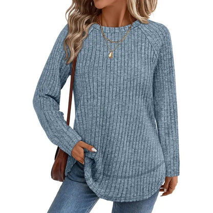Women Color Block Ribbed Knit Raglan Long Sleeve Top Curved Hem Loose Blouse