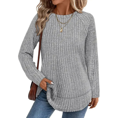 Women Color Block Ribbed Knit Raglan Long Sleeve Top Curved Hem Loose Blouse