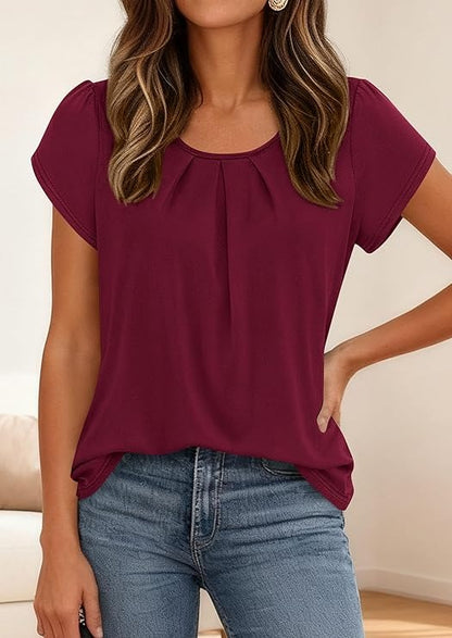 Women Short Sleeve Crew Neck Pleated T Shirts  Casual Top