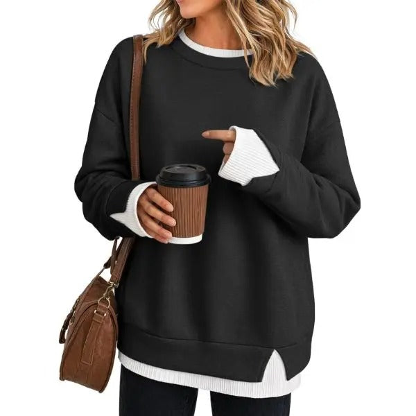 Women's Fake Two Piece Layered Sweatshirt Patchwork Oversized Pullover Top