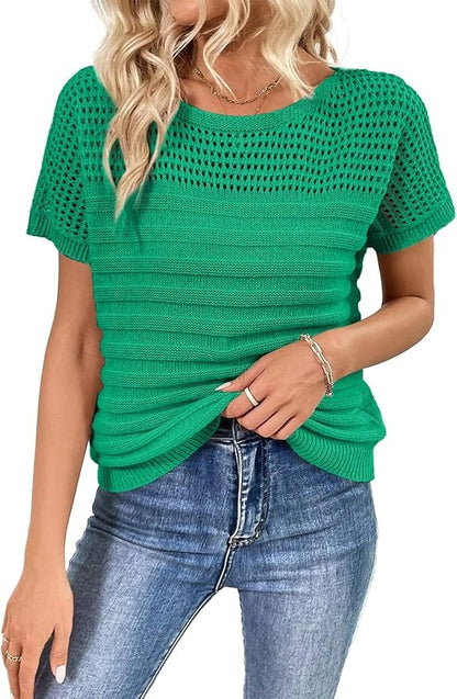 Womens Crew Neck Short Sleeve Shirts Knit Hollow Out Tops