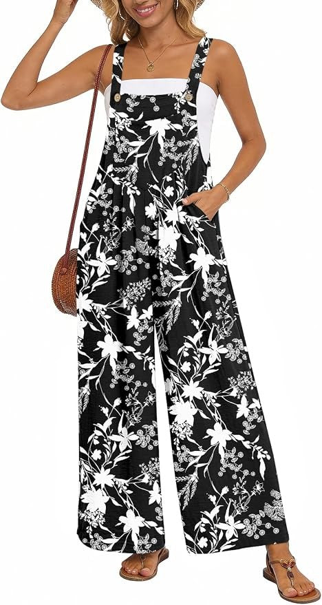Womens Casual Jumpsuits Wide Leg Overalls Adjustable Strap Rompers with Pockets
