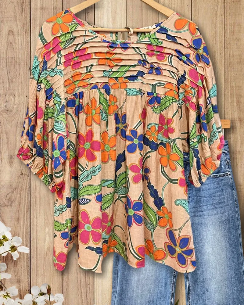 🔥Applique & Floral Print Pleated Detail Rocking Blouse