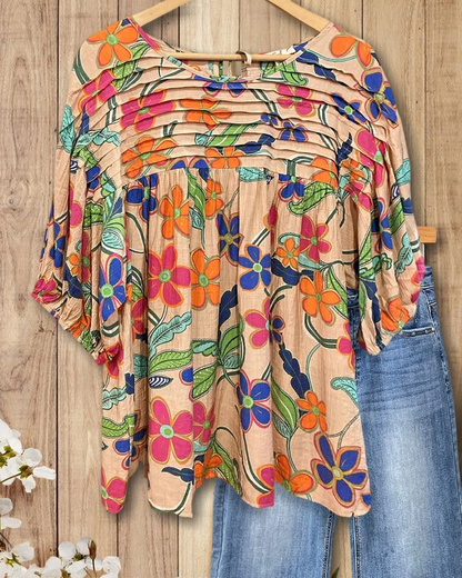 🔥Applique & Floral Print Pleated Detail Rocking Blouse