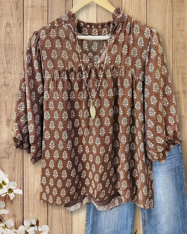 🔥Floral Print V Neck Puff Sleeve Relaxed Blouse