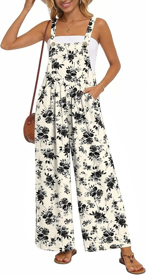 Womens Casual Jumpsuits Wide Leg Overalls Adjustable Strap Rompers with Pockets