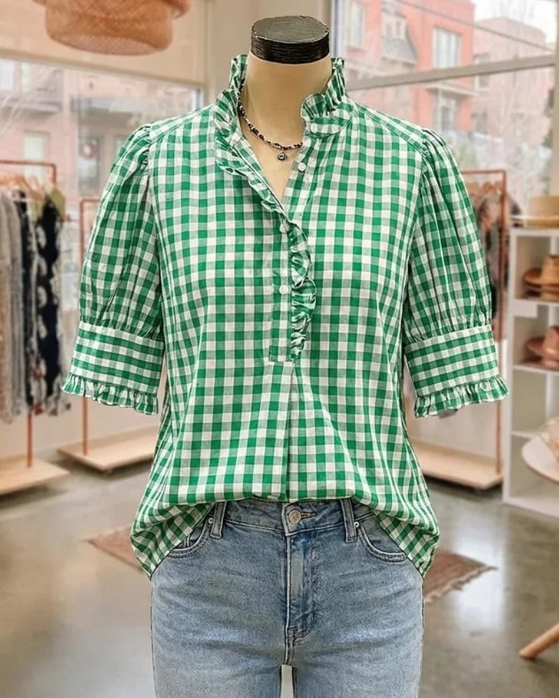 🔥Women's Plaid Top Ruffles Trim Puff Sleeve Blouse