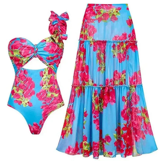 Women's One-Shoulder Ruffle Printed Two-Piece Swimsuit Set