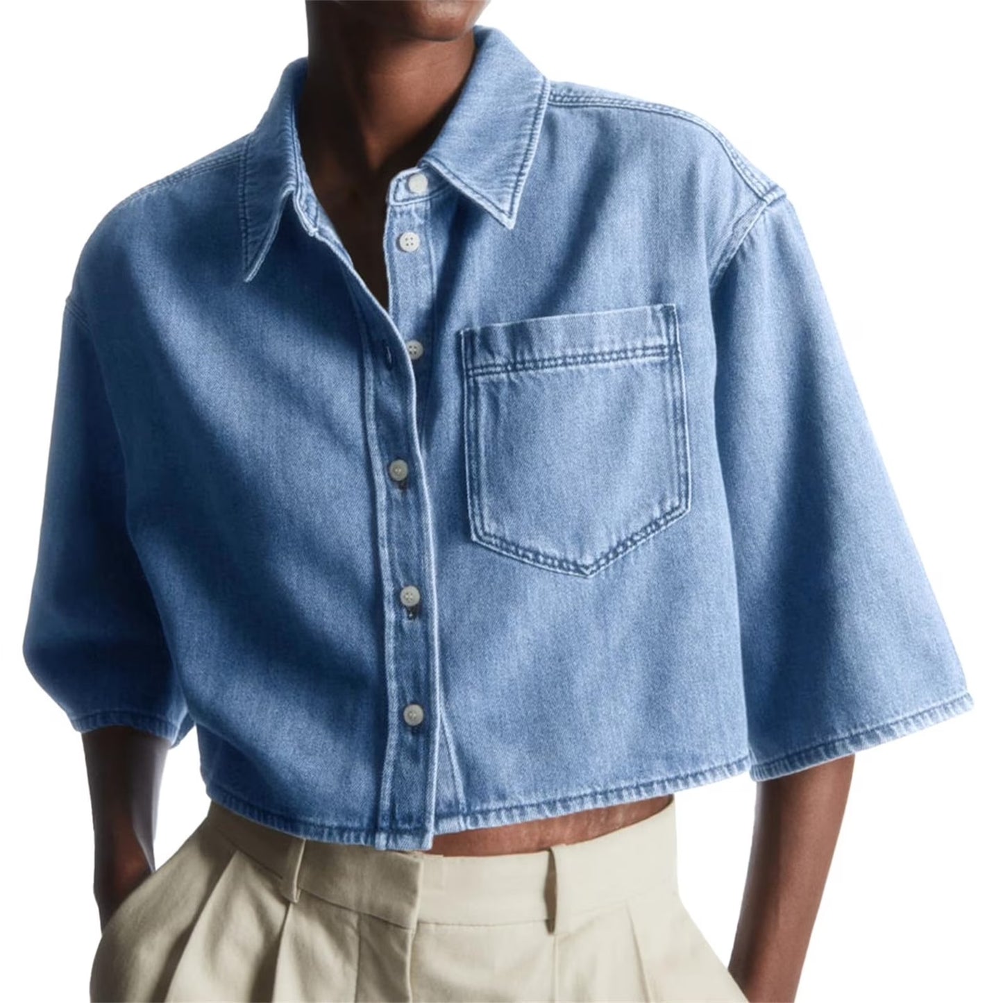 Women Half Sleeve Button Down Lapel Casual Cropped Denim Tops