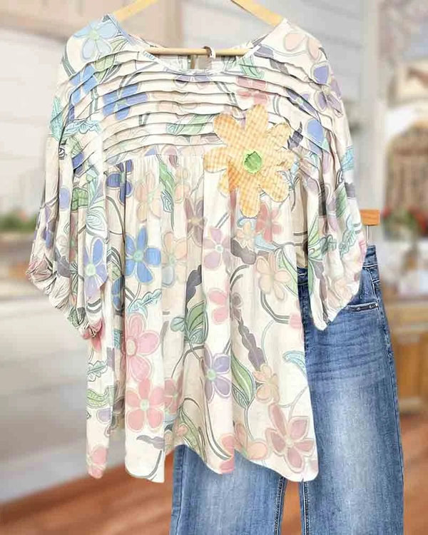 🔥Applique & Floral Print Pleated Detail Rocking Blouse