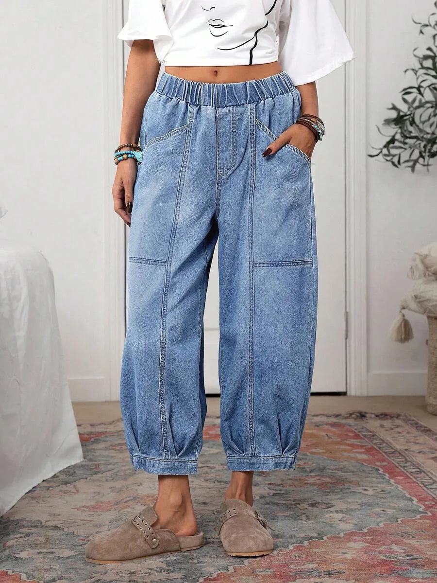 Women Elastic Waist Stitched Patch Denim Jogger Pants