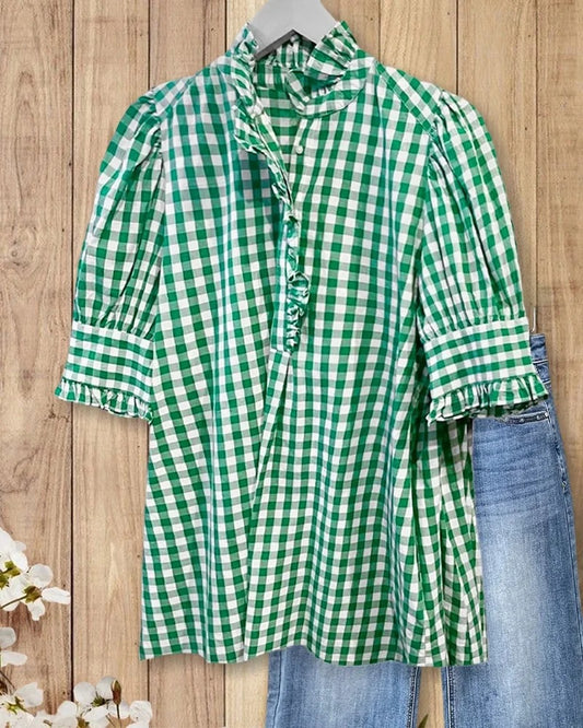 🔥Women's Plaid Top Ruffles Trim Puff Sleeve Blouse