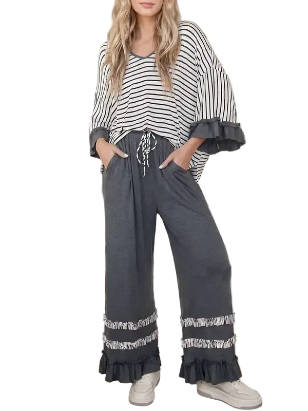 Striped V Neck Ruffle Two Piece Set
