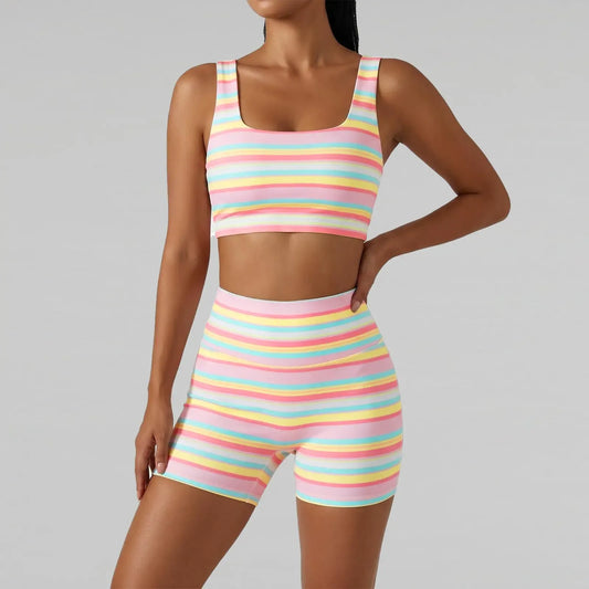 Hot Sale🔥Women’s Rainbow Stripe 2 Piece Workout Set Tank Top High Shorts Matching