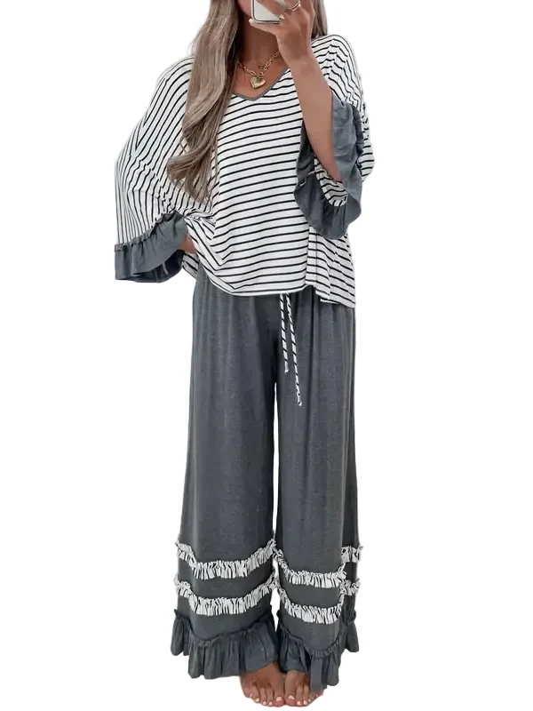 Striped V Neck Ruffle Two Piece Set