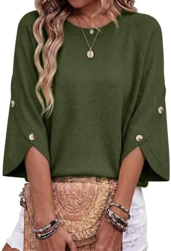 Women Casual 3/4 Flare Sleeve Top With Button Split Cuffs Knit Sweater