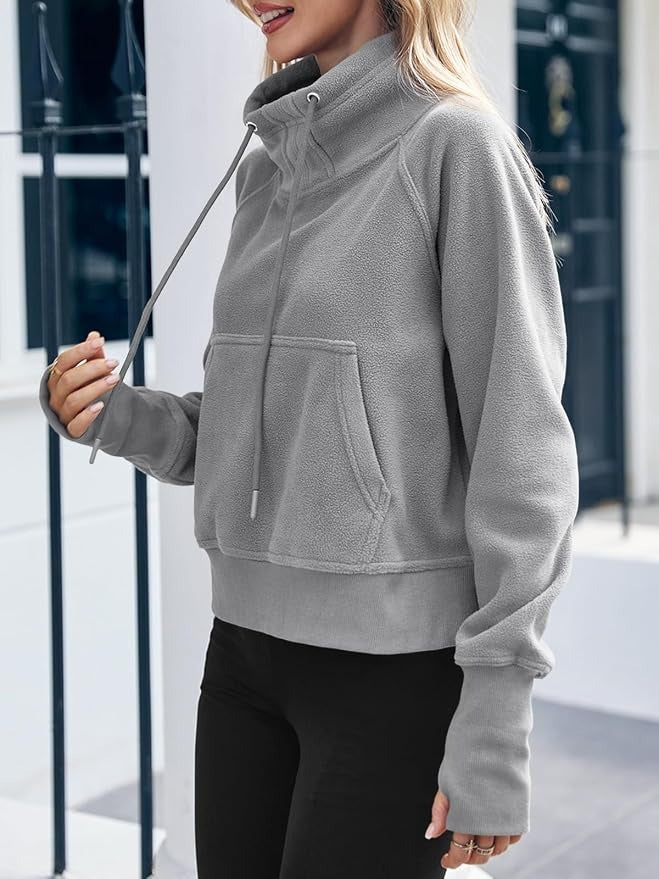 Women Fleece Lined High Neck Drawstring Sweatshirt Long Sleeve Pocket Pullover Top