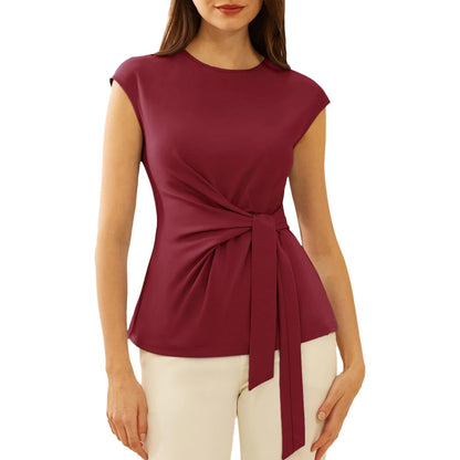 Womens Tie Waist Crew Neck Cap Sleeve Tops Elegant Blouse