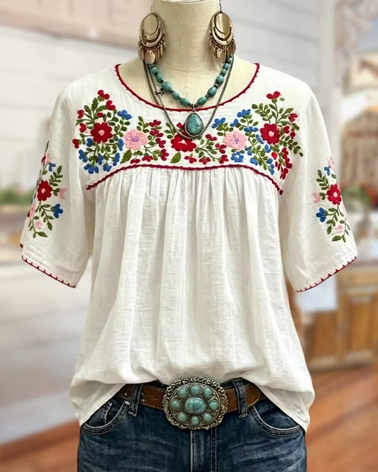 NEW 🔥Floral Loose Gathered Scoop Neck Short Sleeve Blouse
