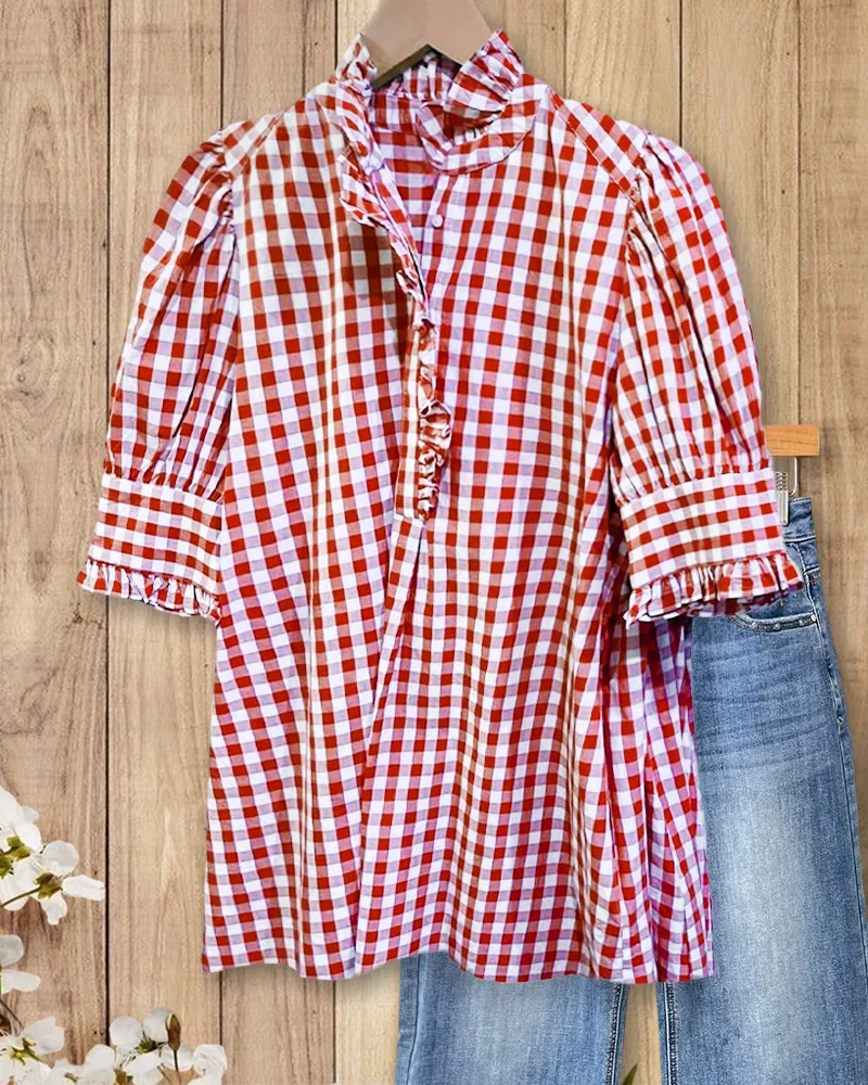 🔥Women's Plaid Top Ruffles Trim Puff Sleeve Blouse