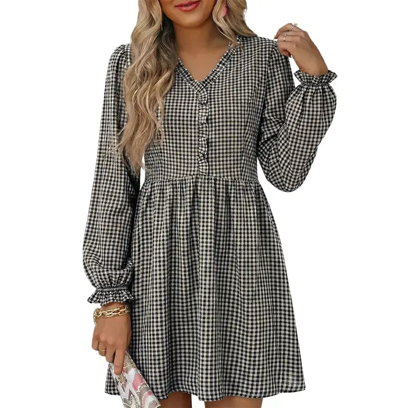 Women Casual Loose Frill V neck A-line Shift Plaid High Waist Dress