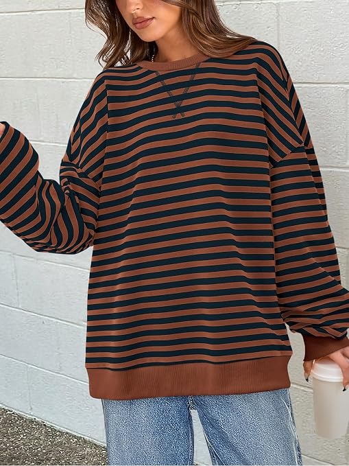 Womens Striped Oversized Sweatshirt Color Block Long Sleeve Top