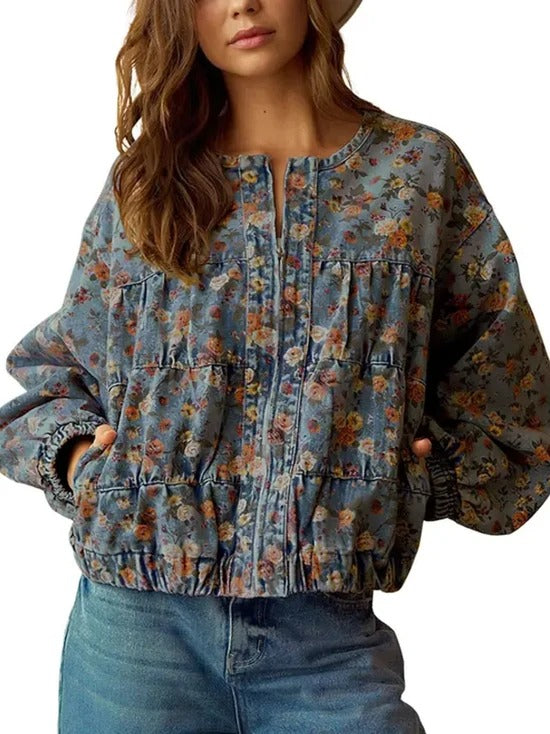 Women Y2K Floral Print Loose Zip Denim Short Jacket With Side Pockets