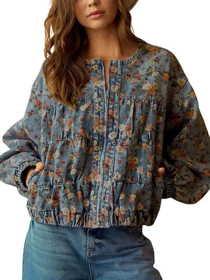 Women Y2K Floral Print Loose Zip Denim Short Jacket With Side Pockets