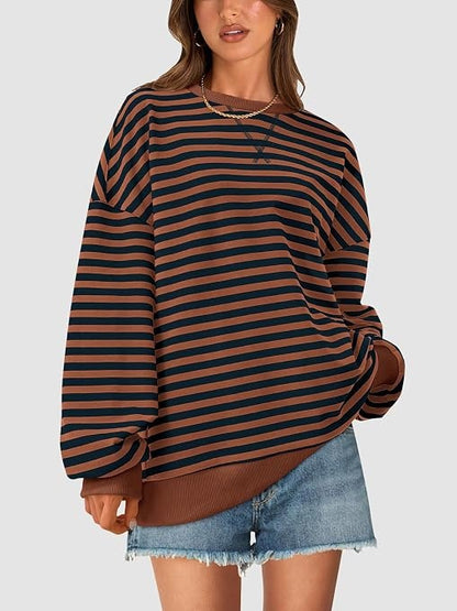 Womens Striped Oversized Sweatshirt Color Block Long Sleeve Top