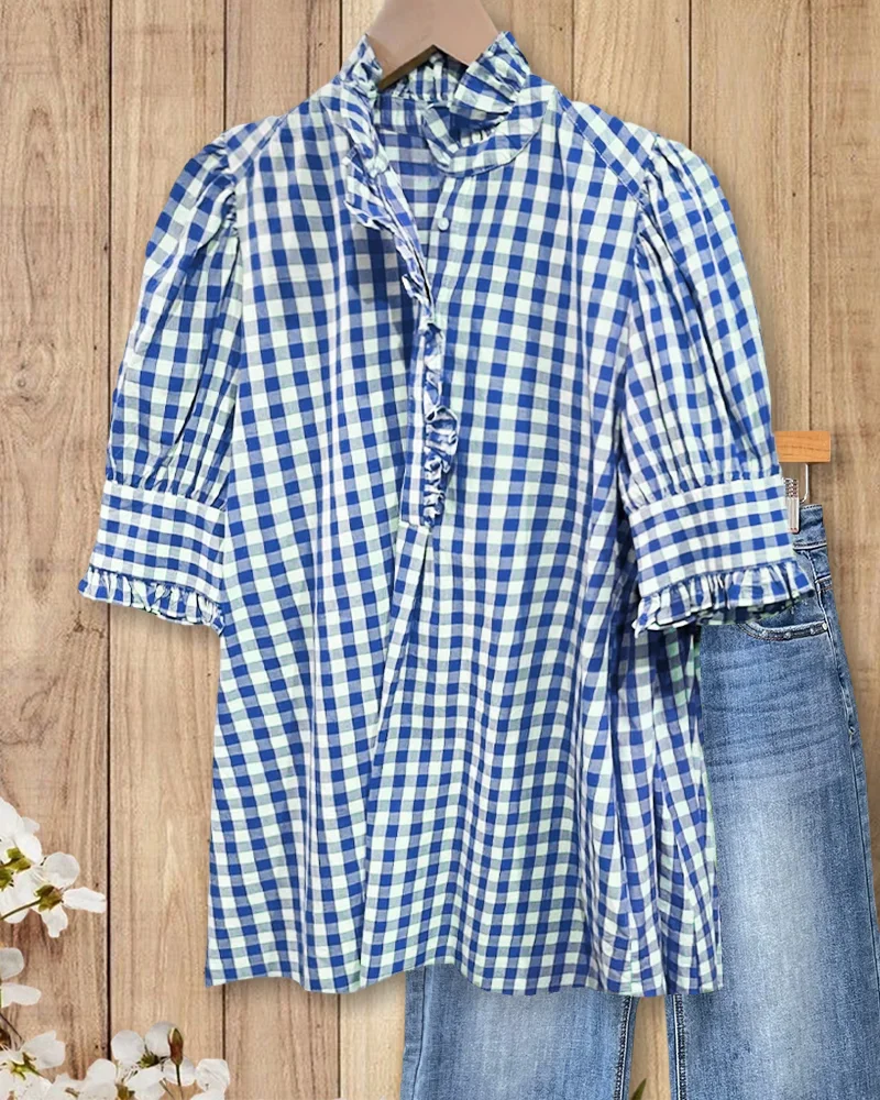 🔥Women's Plaid Top Ruffles Trim Puff Sleeve Blouse