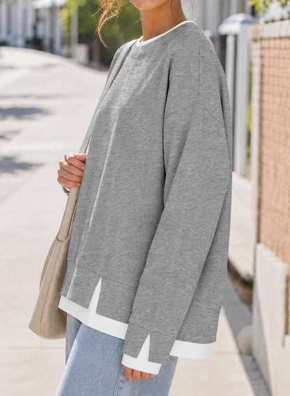 Hot Sale🔥 Women's Fake Two Piece Layered Sweatshirt Patchwork Oversized Pullover Top