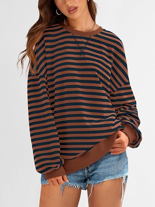Womens Striped Oversized Sweatshirt Color Block Long Sleeve Top