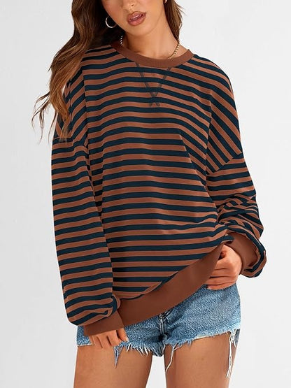 Womens Striped Oversized Sweatshirt Color Block Long Sleeve Top