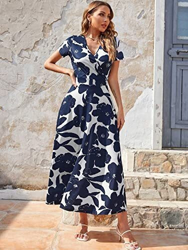 Women Short Sleeve V Neck Floral Wrap Midi Dress