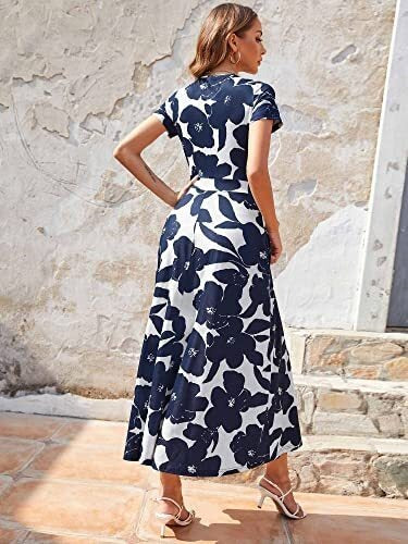 Women Short Sleeve V Neck Floral Wrap Midi Dress
