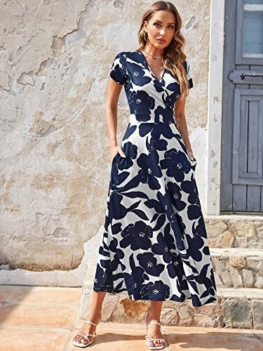 Women Short Sleeve V Neck Floral Wrap Midi Dress