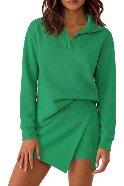 Women's Half Zip Long‑Sleeve Top & Wrap Skort 2 Piece Casual Set