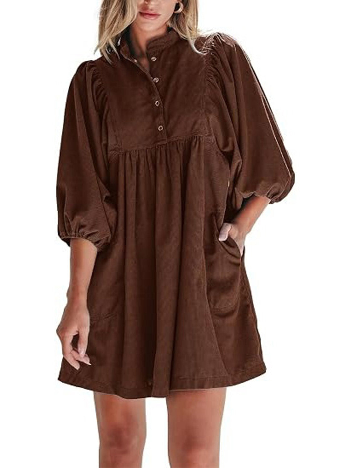 Women Corduroy Half Button Puff Sleeve Babydoll Mini Dress With Pockets