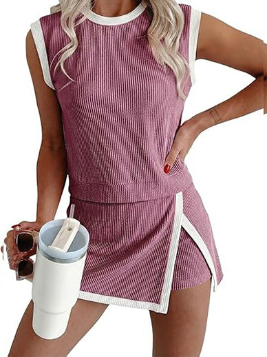 Womens Textured Rib Sleeveless Top and Wrap Skort Outfit Set