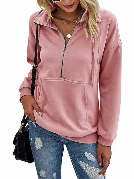 Women's Half Zip Lapel Drawstring Sweatshirt