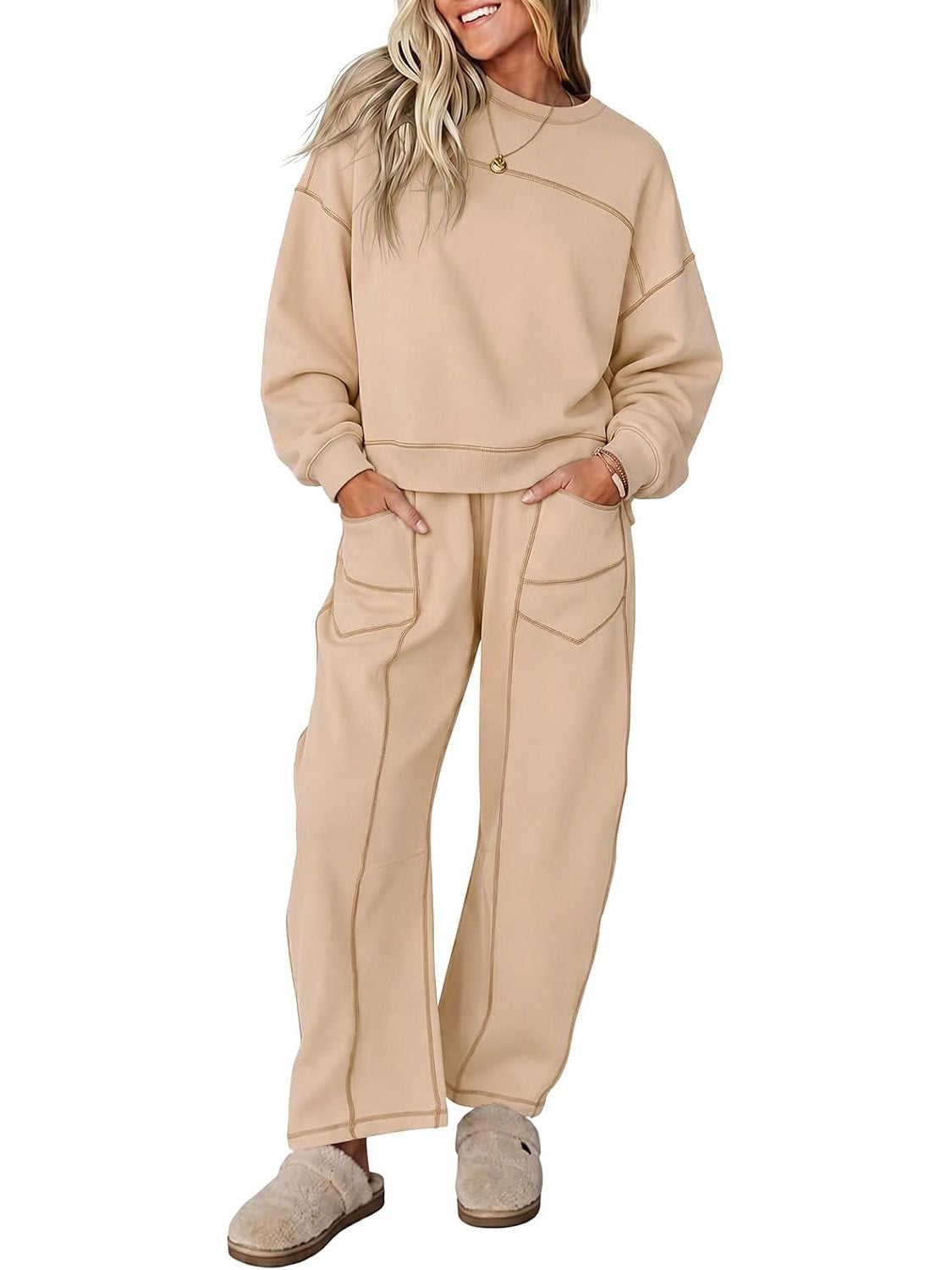 Womens 2 Piece Contrast Seams Tracksuit Set Casual Loungewear