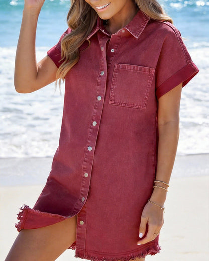 Women's Button Down Frayed Hem Denim Shirt Dresses