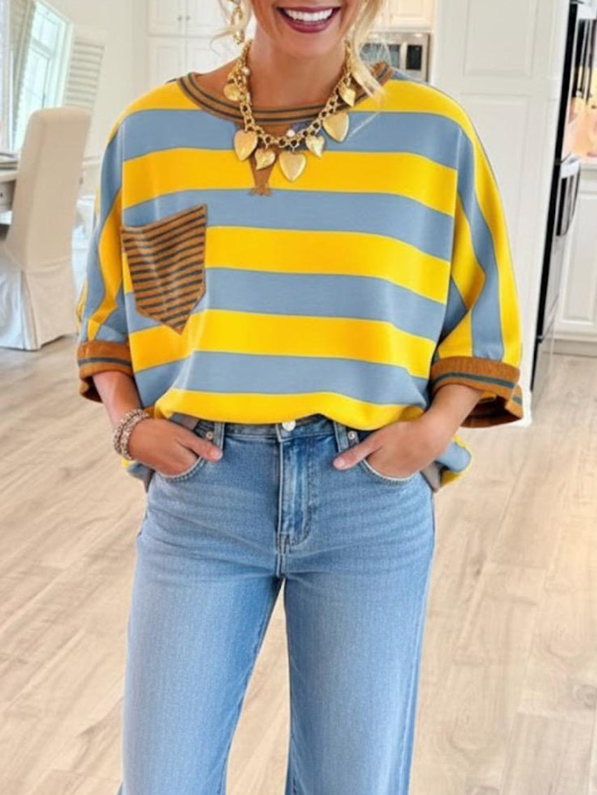 Women's T-shirts Striped Drop Shoulder Pocket T-shirt